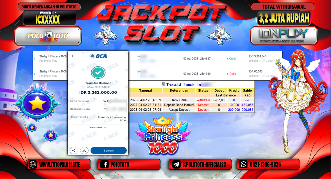 POLOTOTO JACKPOT SLOT STARLIGHT PRINCESS 1000  Rp.3.200.000,- LUNAS