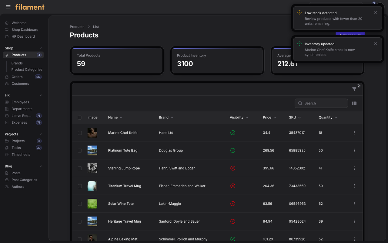 Stature Theme Shop inventory notifications in dark mode