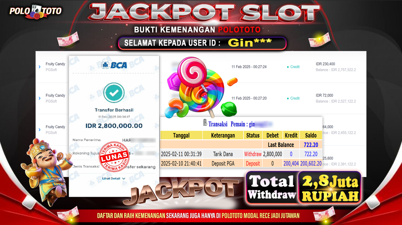 POLOTOTO JACKPOT SLOT FRUITY CANDY Rp.2.800.000,-