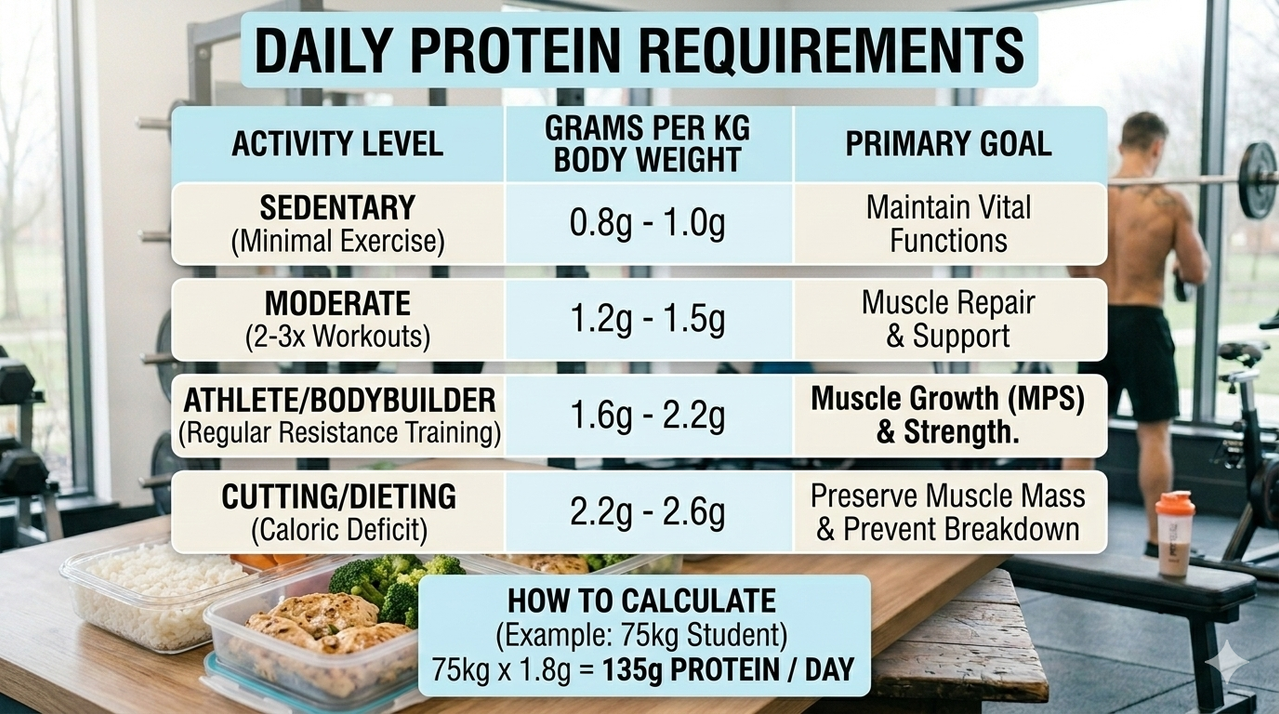 Protein requirements chart showing grams per kg body weight for different activity levels for cheap meal prep ideas for bodybuilding students