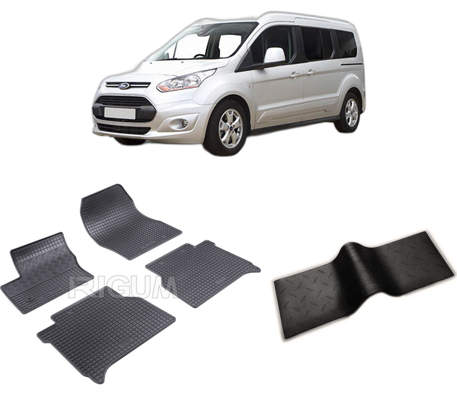 Set covorase auto FORD TOURNEO CONNECT II din 06.2014-09.2023, cu covoras tunel median, CAROSERIE VAN 5 LOCURI, Presuri cauciuc 100%, compatibil cu autoturismul FORD TOURNEO CONNECT II, Rigum