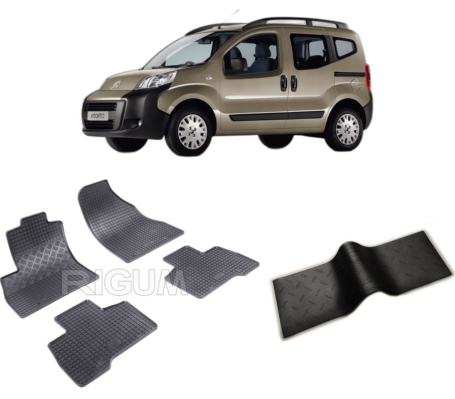 Set covorase auto CITROEN NEMO 5L din 06.2008-2015, cu covoras tunel median, CAROSERIE VAN 5 LOCURI, Presuri cauciuc 100%, compatibil cu autoturismul CITROEN NEMO 5L, Rigum