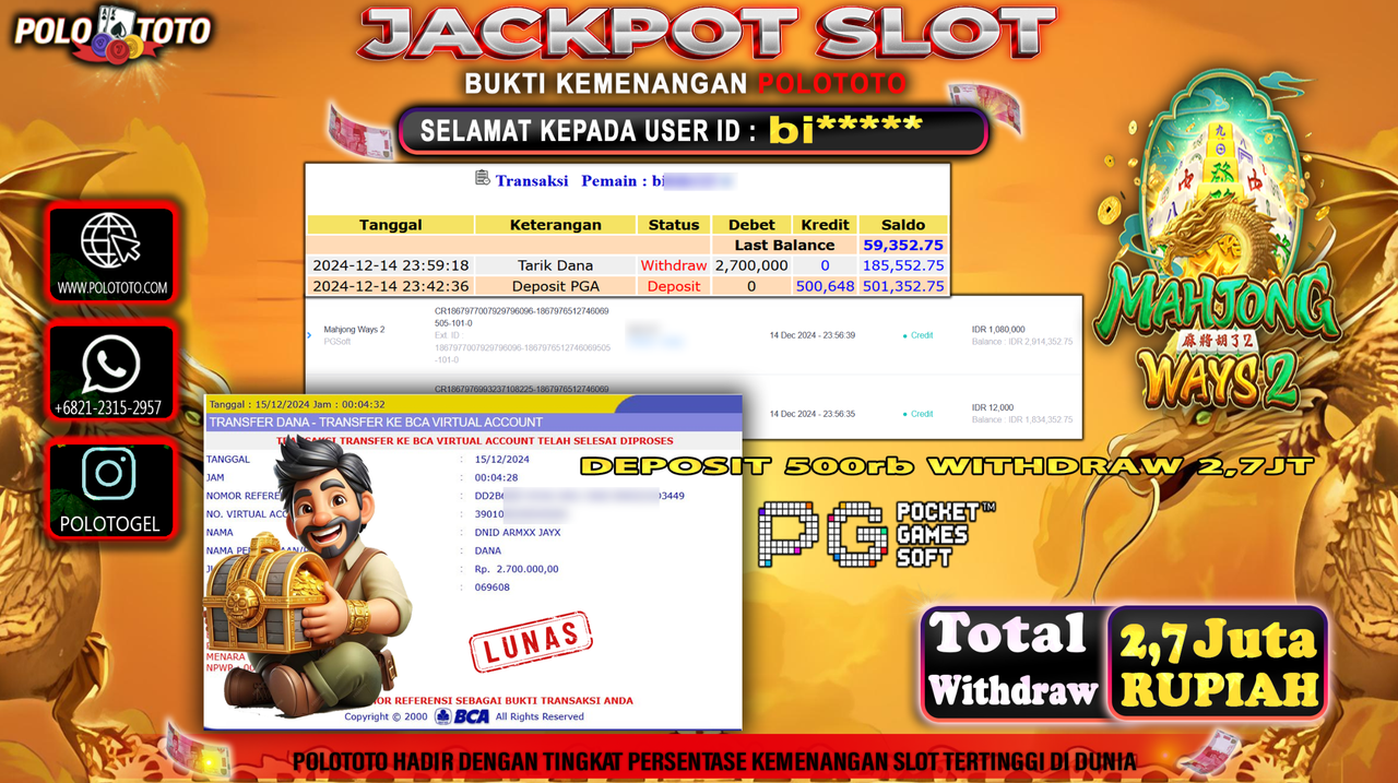 POLOTOTO JACKPOT SLOT MAHJONG WAYS 2 Rp.2,700.000,-