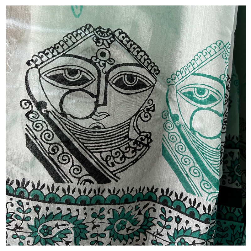 Hand Block Printed Light Pastel Green Saree with Lady face
