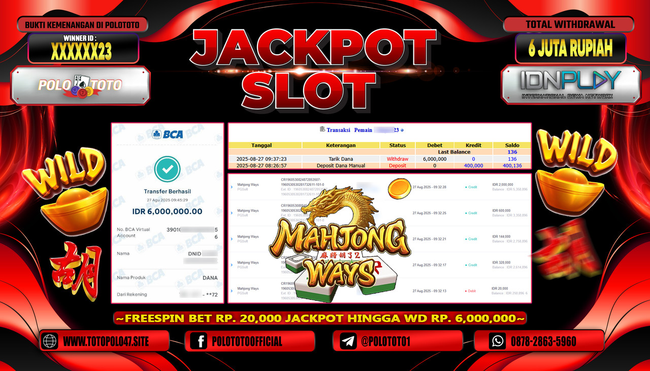 POLOTOTO JACKPOT SLOT MAHJONG WAYS Rp.6.000.000,- LUNAS