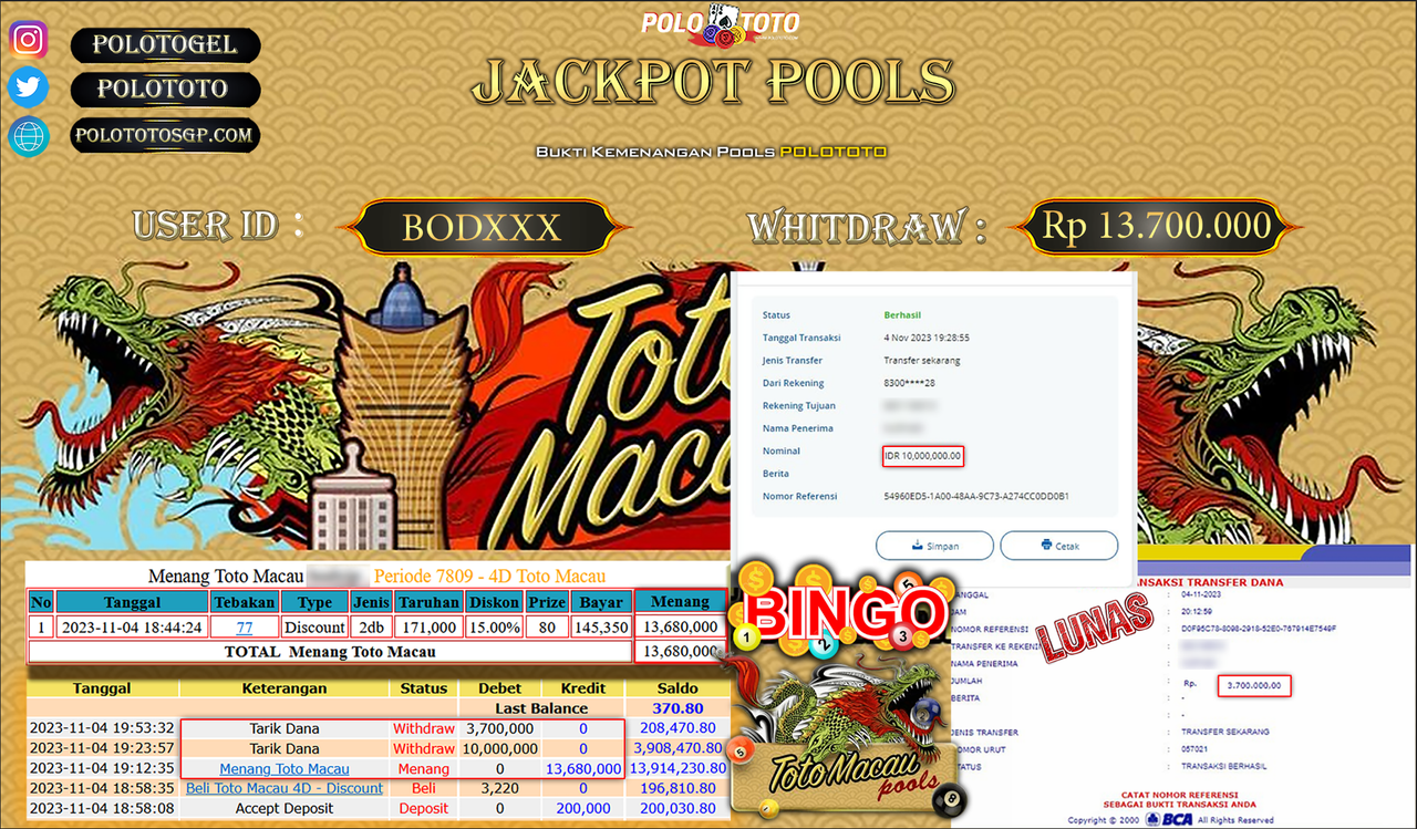 BUKTI PEMBAYARAN JACKPOT DIPOLOTOTO DIBAYAR LUNAS!!!