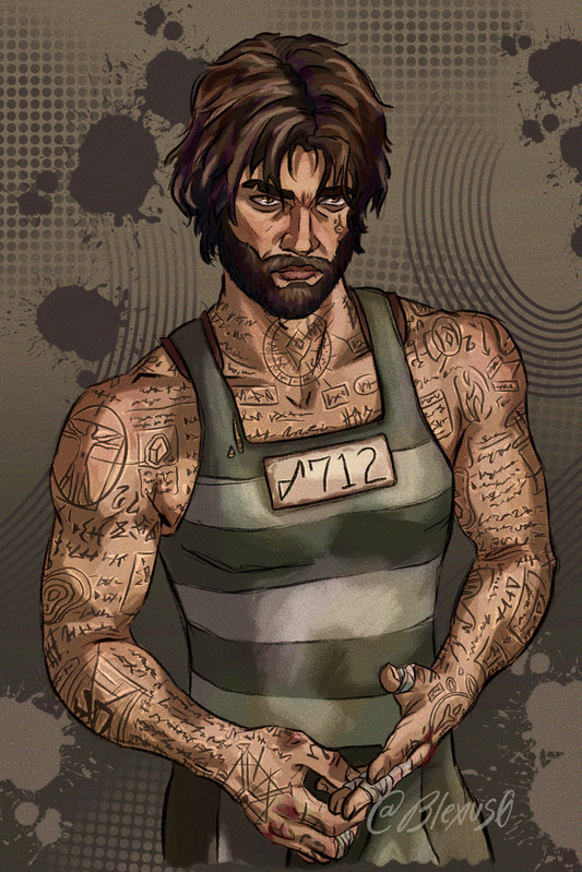 stillwater jayce au digital art done by author where jayce is in his prison uniform with scars and tattoos covers all of his skin, he iis glowering