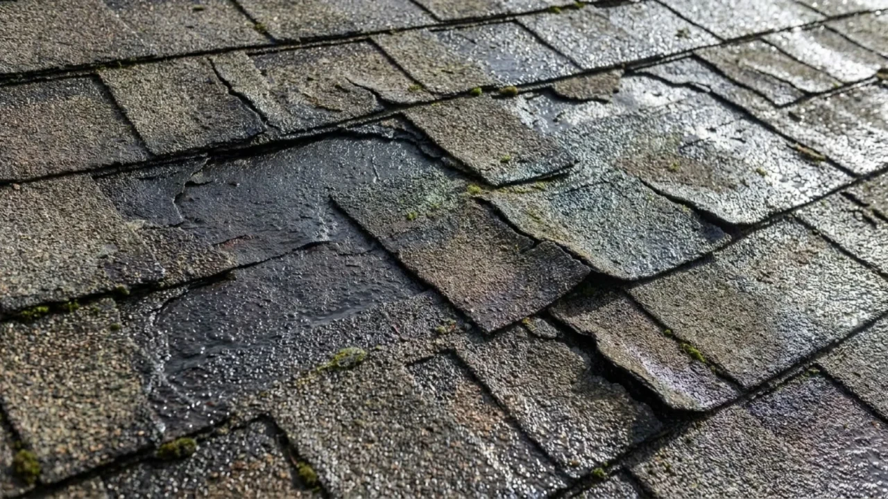 Section of residential roof showing missing shingles and curled shingle edges exposing the underlayment to rain damage