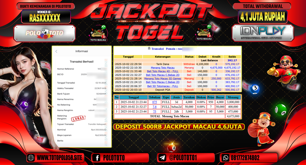 POLOTOTO JACKPOT TOGEL TOTO MACAU Rp.4.100.000,- LUNAS