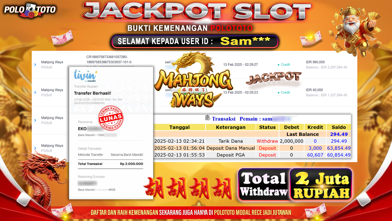 POLOTOTO JACKPOT SLOT MAHJONG WAYS Rp.2.000.000,-
