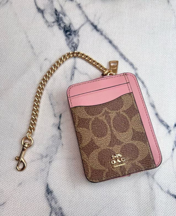 2 Pack Women's Mini Zip Card Holder & Coin Purse with Keychain - Signature Brown with Pink Trim & White Floral Print - Compact ID Wallet for Daily Use