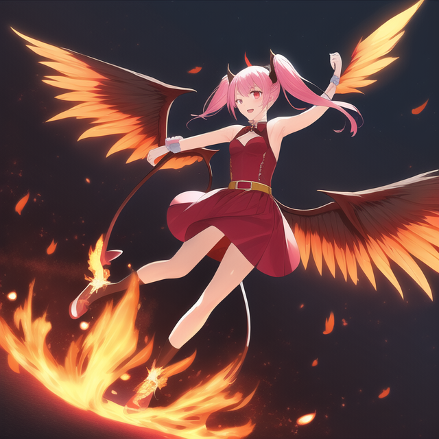 Best quality, masterpiece, twintail, pink hair, demon girl, flame, red dress, wi s-4284590758