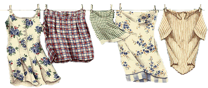 A clothesrack, with items out to dry. A flowered dress and pillowcase hang, with a plaid shorts, a green dishtowel, and a yellow-striped button-up hung with them.