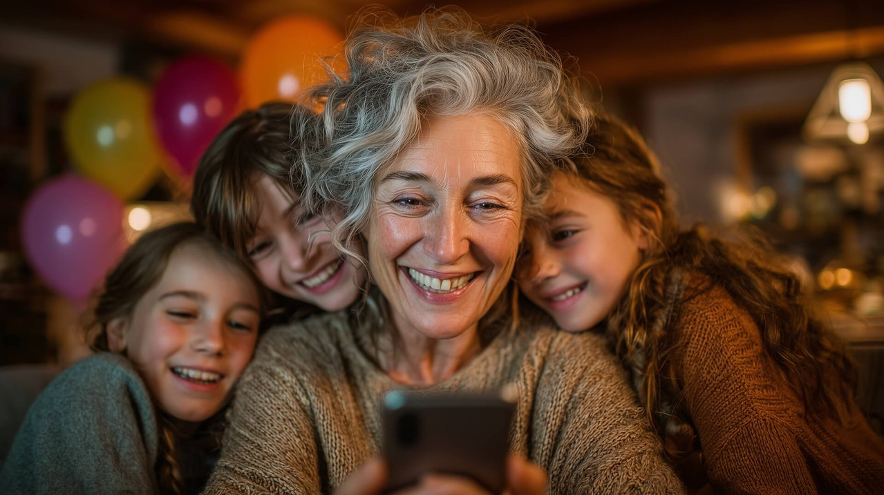 Семья трогательно поздравляет маму с юбилеем, слушая персональную песню в подарок на смартфоне, слезы счастья.