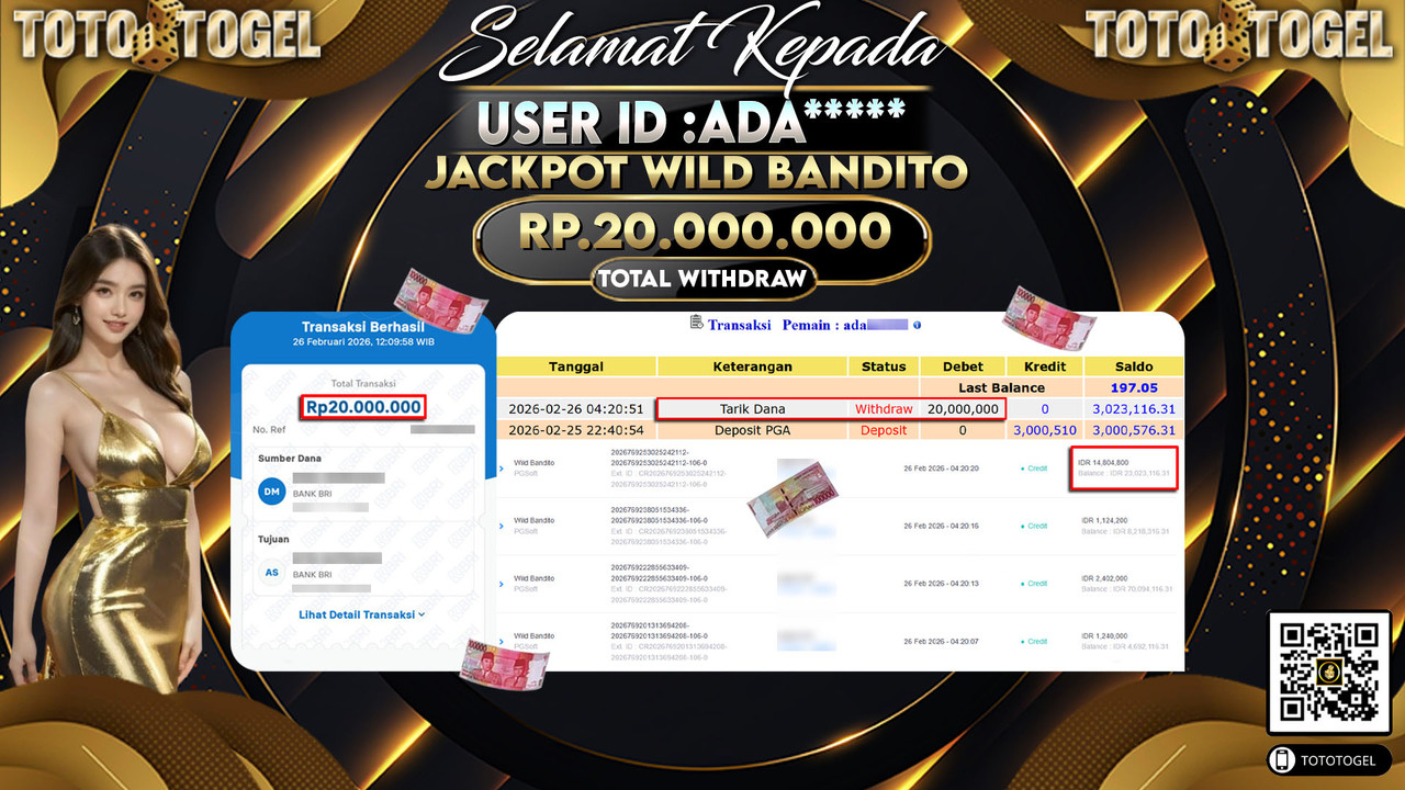Bukti Pembayaran Jackpot Permainan Slot Wild Bandito ID:ADA*****LUNAS