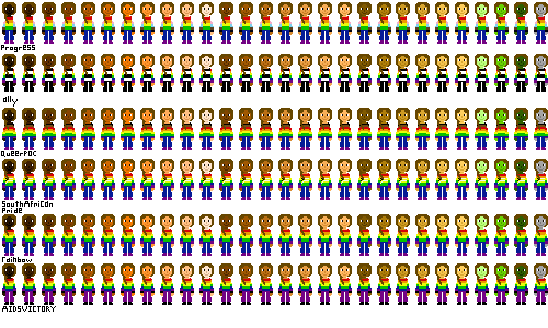 a row of people with pride flag shirts and blondish brown hair