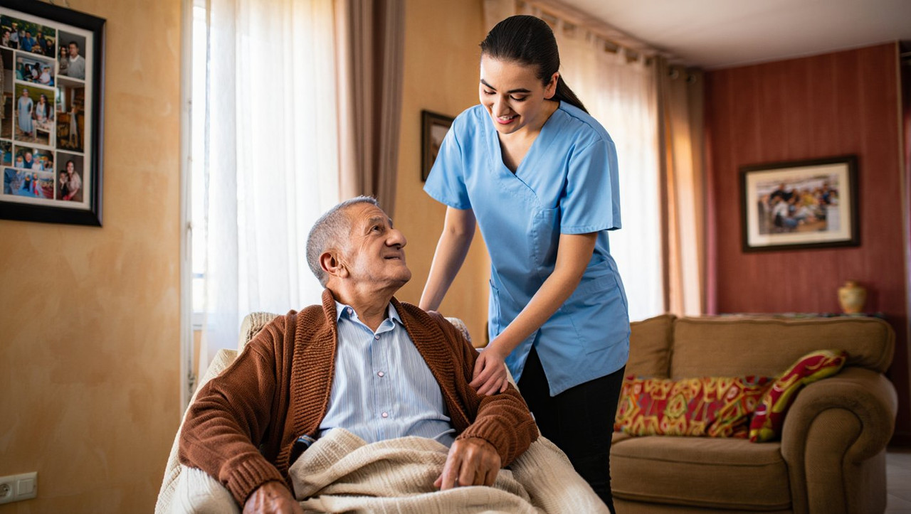 Профессиональная сиделка обеспечивает домашний уход за пожилым человеком