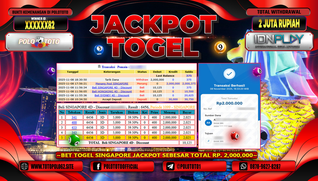 POLOTOTO JACKPOT TOGEL POOL SINGAPORE Rp.2.000.000,- LUNAS