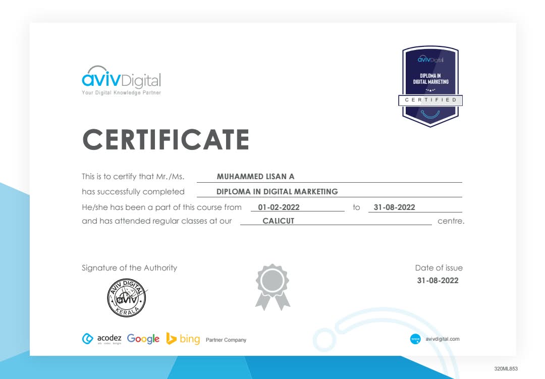 Aviv Digital certificate for Muhammed Lisan A, Diploma in Digital Marketing, Calicut centre