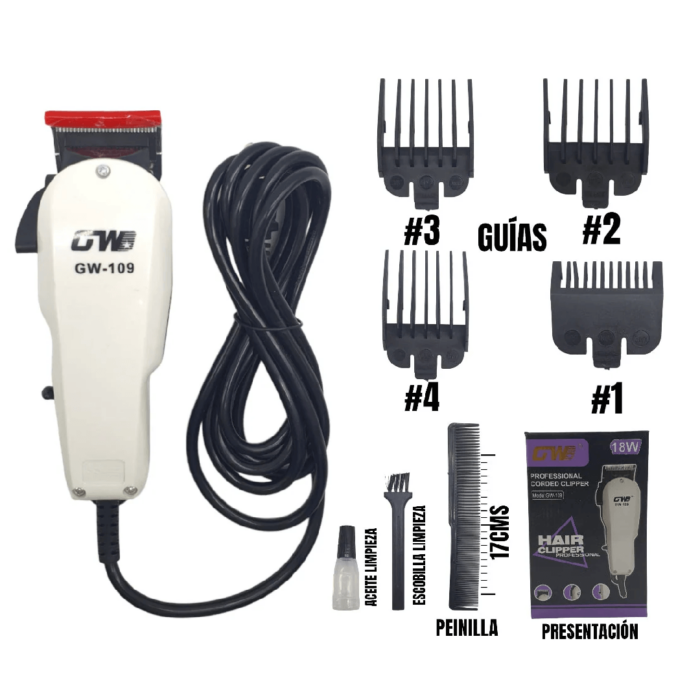 Máquina de cortar cabello GWB GW-109 (Abejón) de color rojo y negro.
