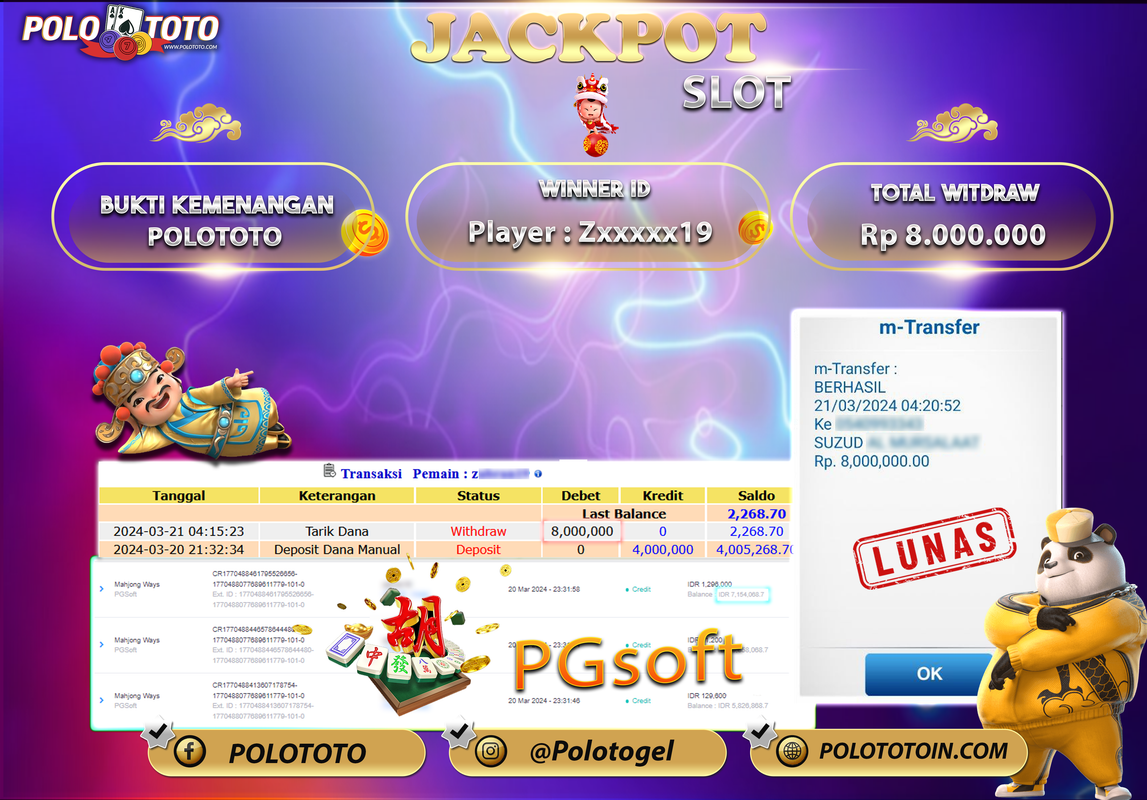 POLOTOTO BUKTI JACKPOT SLOT MAHJONG WAYS Rp 8.000.000,- LUNAS