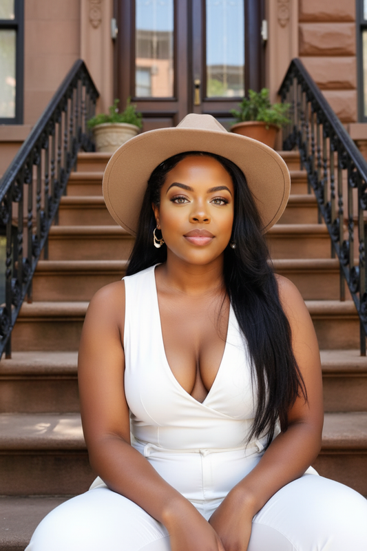 Queen Aariah, founder of Bellah Roze Brand & Wealth Studio, on a Brooklyn stoop