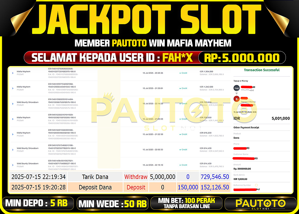 BUKTI PEMBAYARAN TGL 15 JULY 2025 MENANG DI PERMAINAN MAFIA MAYHEM TOTAL WD 5 JUTA
