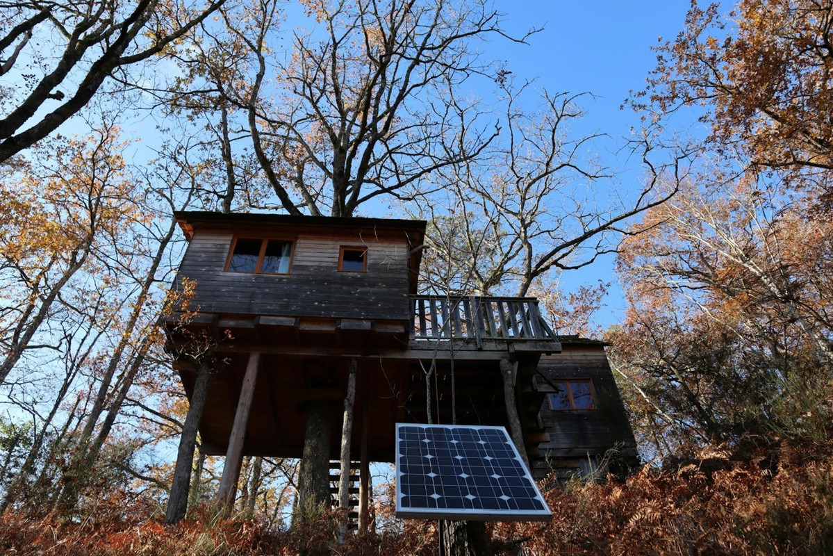 Une cabane en bois dans la forêt avec un panneau solaire au sol