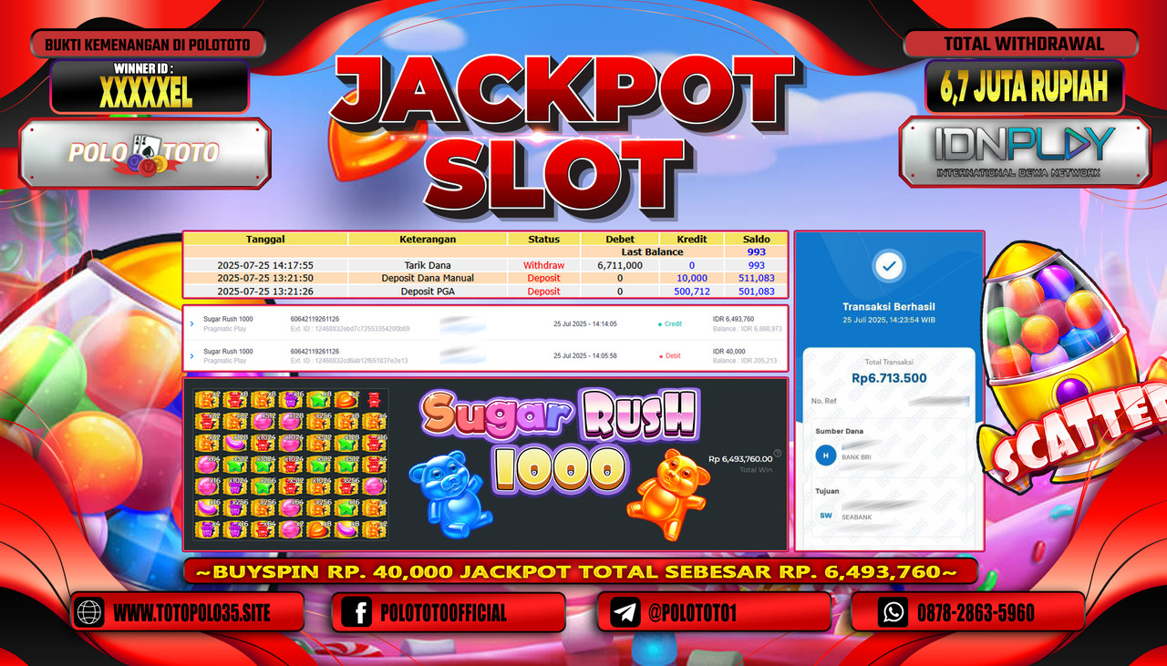 POLOTOTO JACKPOT SLOT SUGAR RUSH 1000 Rp.6.700.000,- LUNAS