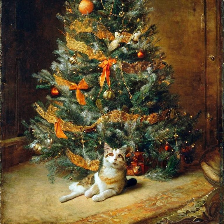 Кот под рождественским деревом (Stable Diffusion 2.1)