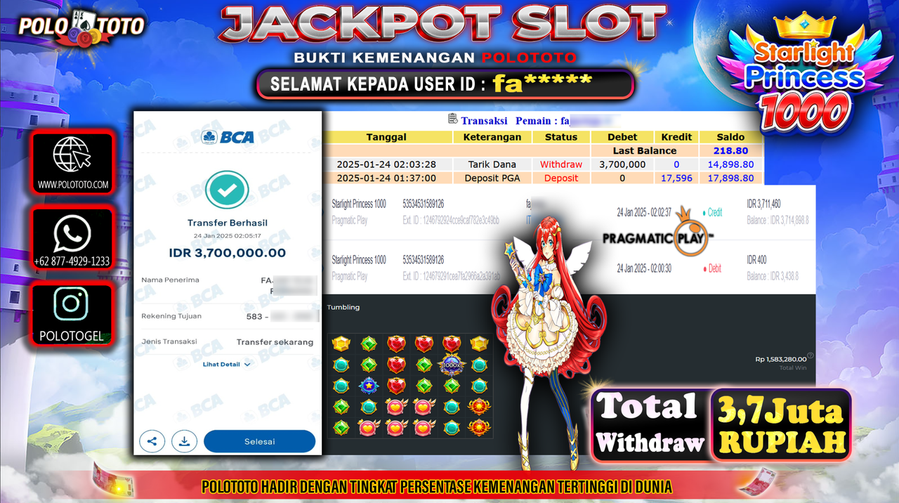 POLOTOTO JACKPOT SLOT STARLIGHT PRINCESS 1000 Rp.3,700.000,-