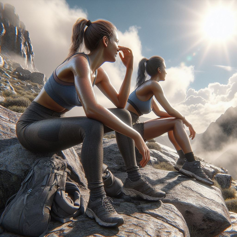 Two women of different fitness levels, chatting and taking a break during a hike