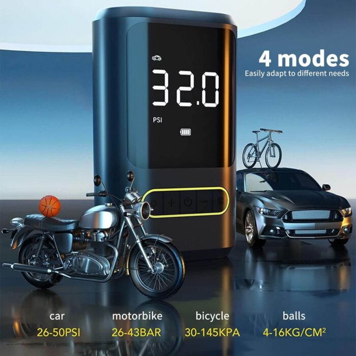 Compresor de aire portátil e inflador de neumáticos de 150 PSI.