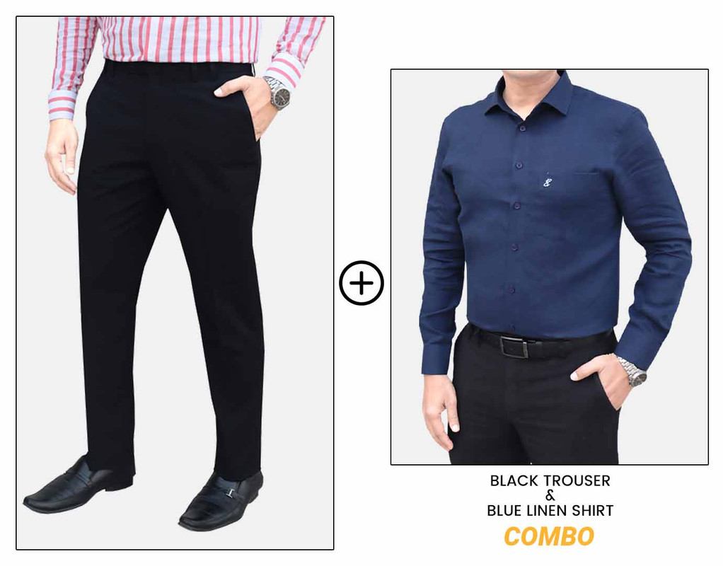 Blue Linen Shirt & Black Trouser Combo Offer