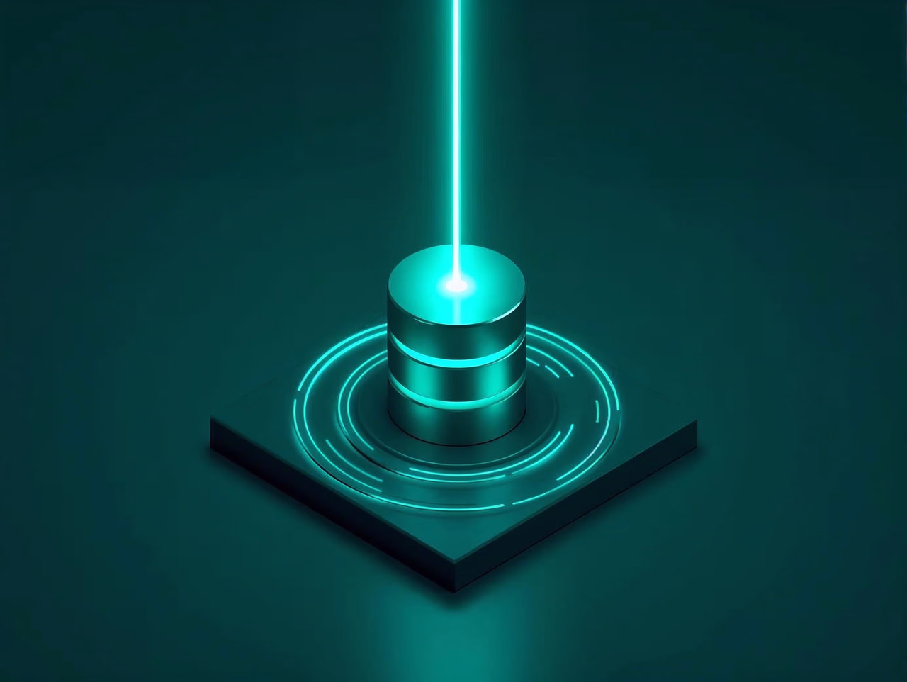 Two groups of database cylinders showing seamless data synchronization in a dark #004751 space.