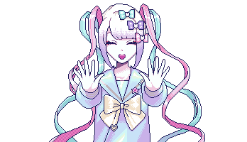 A transparent gif of an in-game sprite of KAngel from Needy Streamer Overload. She's smiling and waving with both hands at the viewer.