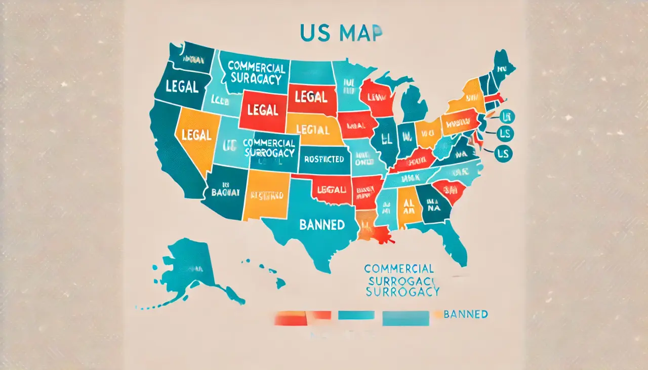 Bright illustration of a US map showing the legality of commercial surrogacy in each state, with color-coded regions indicating where surrogacy is legal, restricted, or banned, and a clear legend.