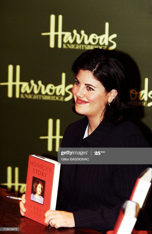 Monica Lewinsky holding her book in Harrods store