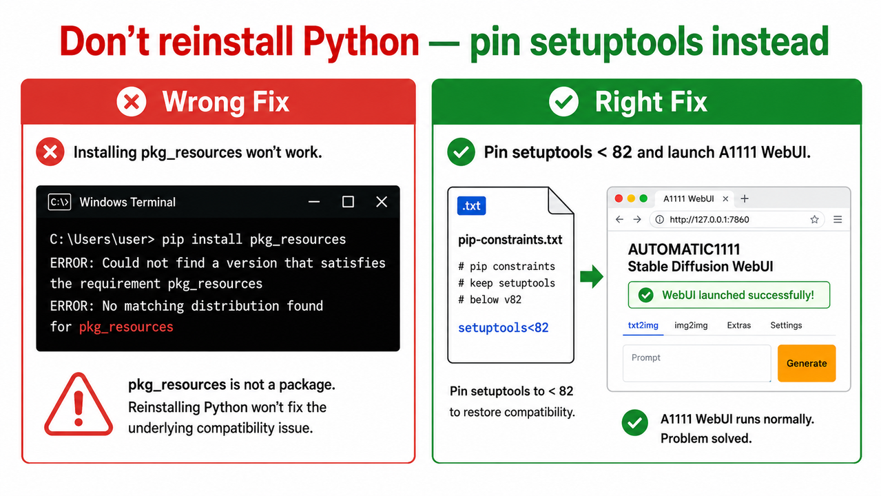 Wrong vs right fix for Stable Diffusion A1111 missing pkg_resources — pip install pkg_resources fails, pinning setuptools works