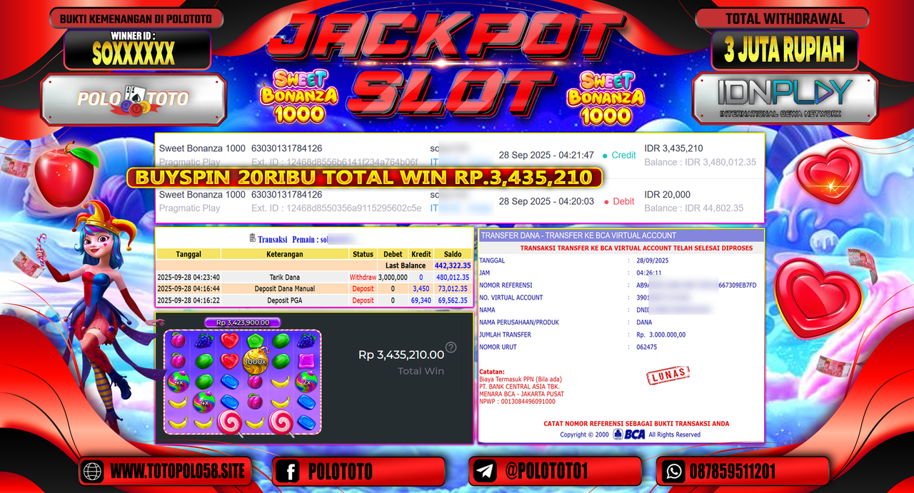 POLOTOTO JACKPOT SLOT SWEET BONANZA 1000 Rp.3.000.000,- LUNAS