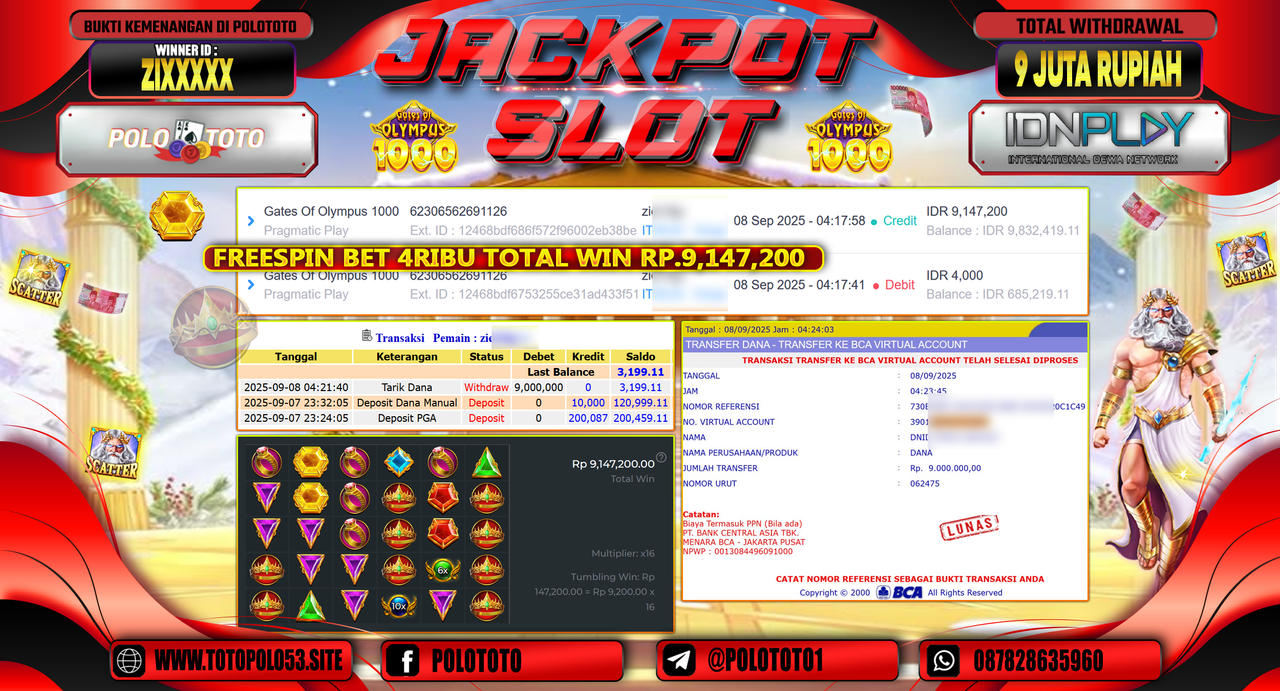POLOTOTO JACKPOT SLOT GATES OF OLYMPUS SUPER SCATTER Rp.9.000.000,-