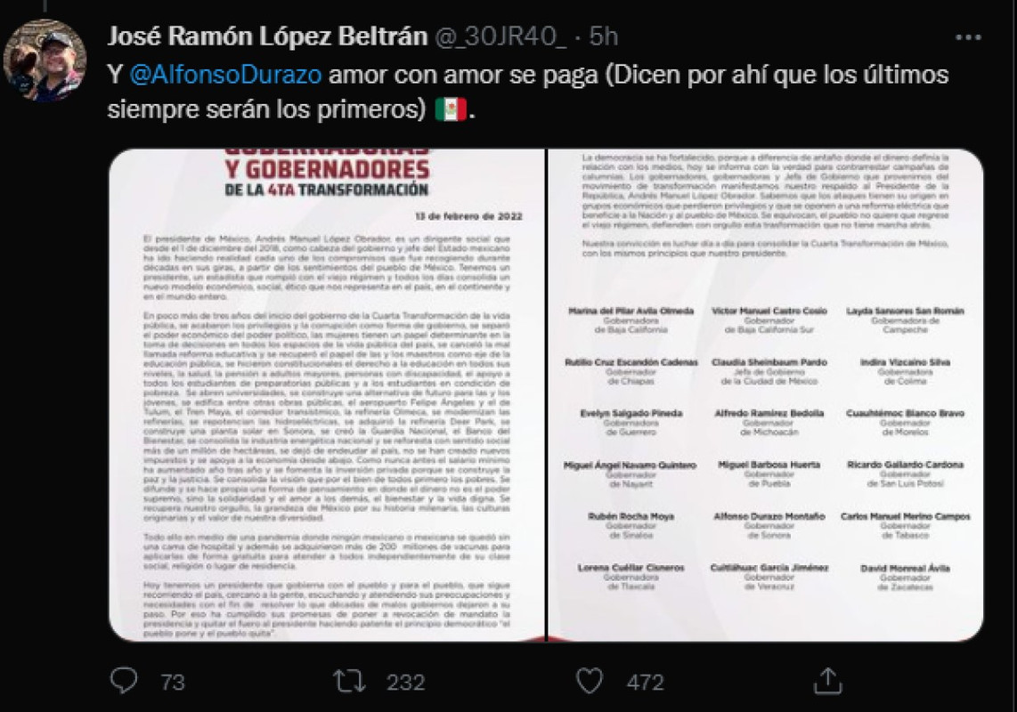 Hijo de AMLO difunde desplegado que INE ordenó bajar a gobernadores