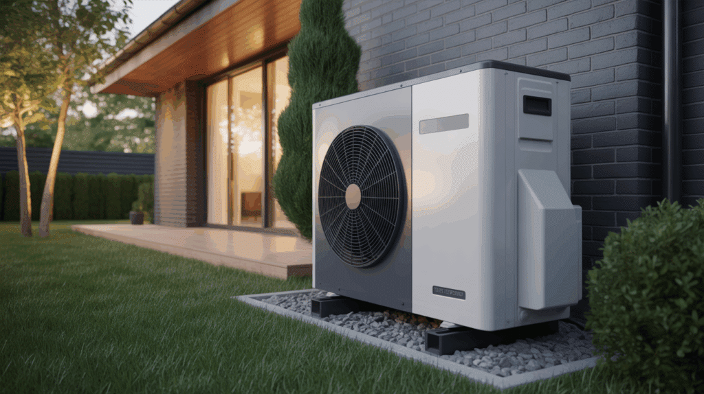 Pompe à chaleur moderne installée dans un jardin avec maison contemporaine et terrasse
