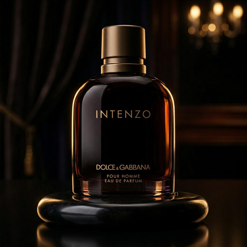 Dark wood and leather scented men's cologne in rounded bottle with golden cap Set in a low-light evening scene with warm highlights, elegant and refined atmosphere