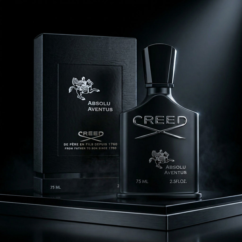 Elegant rectangular Creed cologne bottle with black accents on dark velvet background