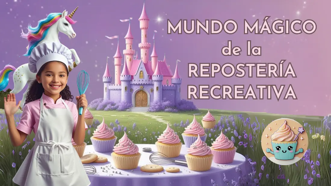 Imagen principal de 'Mundo Mágico de la Repostería Recreativa' con elementos coloridos y mágicos.