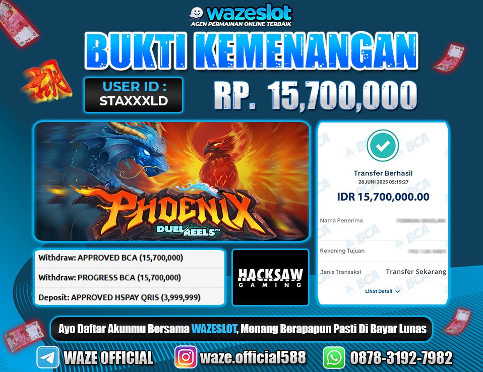 BUKTI KEMENANGAN 29 JUNI 2025 DI GAME PHOENIX DUEL REELS ( HACKSHAW GAMING ) 