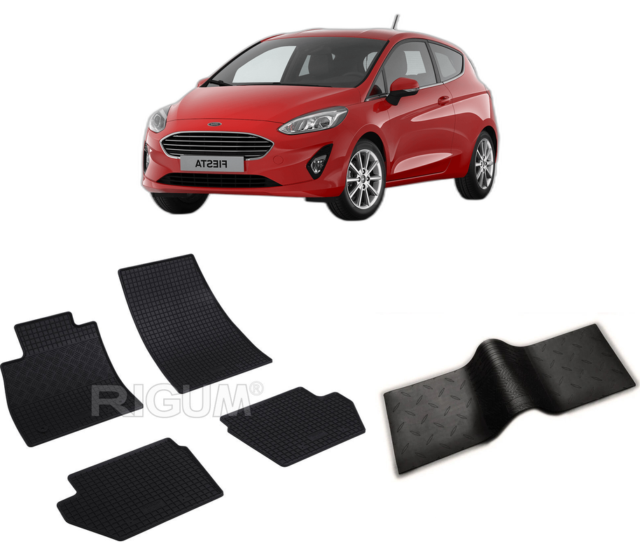 Set covorase auto FORD FIESTA VII din 07.2017-PREZENT, cu covoras tunel median, CAROSERIE HATCHBACK, Presuri cauciuc 100%, compatibil cu autoturismul FORD FIESTA VII, Rigum