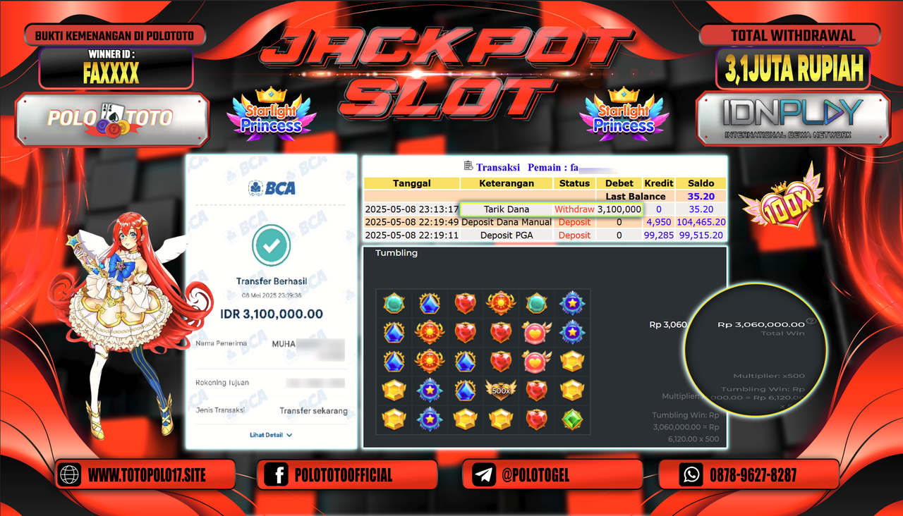 POLOTOTO JACKPOT SLOT STARLIGHT PRINCESS 1000 Rp.3.100.000,-