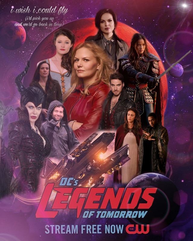 In this art we see one of the posters for Legends of Tomorrow but with OUAT characters. Emma and Regina are on the middle, Regina slightly on top and to the right. To their right we can see Merlin, Mulan, Marian and Hook. And to their left we find Maleficent, Lily, Belle and August. There's very rich reds and purples all around the picture and we can also see the ship from the original poster